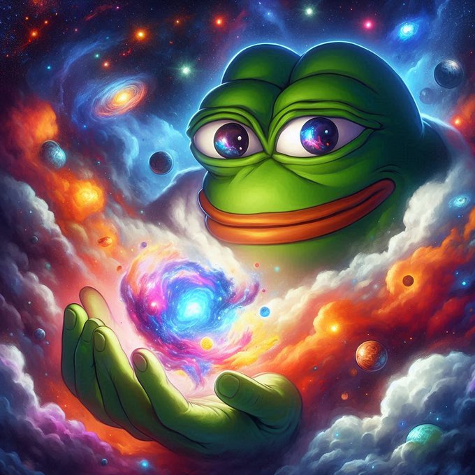 The image features a cartoon frog with green skin, standing out against a colorful backdrop of planets and stars. The frog appears to be holding a blue object that resembles a planet or a star. The caption below the image reads "$PEPE IS ABOUT TO EXPLODE LIKE A SUPERVOLCANO". This phrase is likely an inside joke or reference to the cartoon character's exaggerated facial features, which are characteristic of the Pekinger character.

The image also includes various planets and stars scattered throughout the scene, creating a sense of depth and vastness. The combination of colors and the central focus on the frog with its celestial object make this an interesting and visually appealing piece of art or illustration.