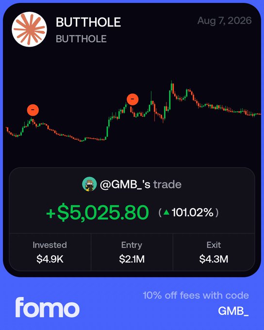 A trading app screenshot displays a memecoin called BUTTHOLE with @GMB_'s trade showing a +$5,025.80 profit (101.02%) on the fomo platform.