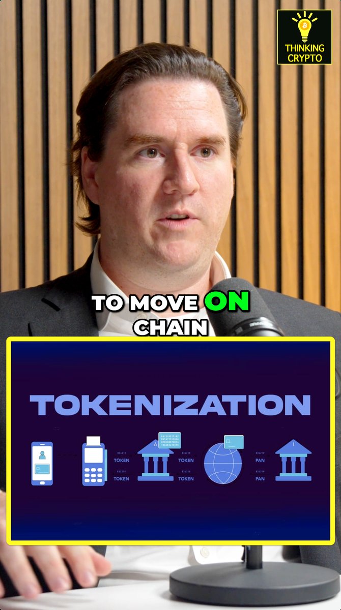 A man in a suit speaks into a microphone during a "Thinking Crypto" interview, with on-screen text reading "TO MOVE ON CHAIN" above an infographic titled "TOKENIZATION" that illustrates concepts like mobile phones, payment terminals, and tokens connecting to banks and a global network. The image visually reinforces the post's claim that large asset managers are preparing to drive the next crypto bull run, highlighting the infrastructure and tokenization movement needed to bring traditional finance on-chain.
