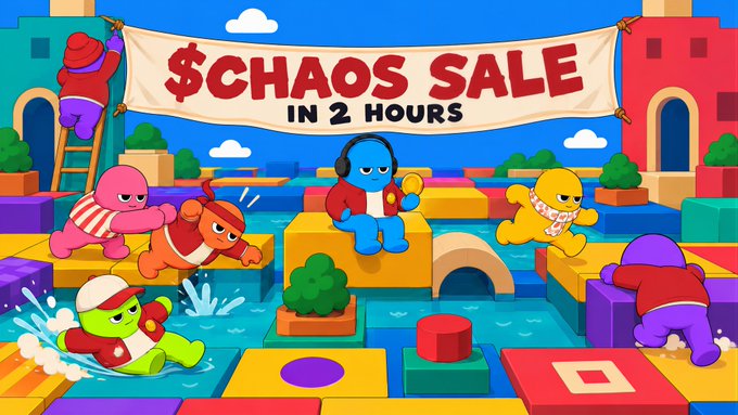 The image is a vibrant cartoon-style promotional graphic featuring colorful character mascots playing on blocky obstacles over water, with a banner reading "$CHAOS SALE IN 2 HOURS" — directly announcing the token sale countdown highlighted in the accompanying post about the $CHAOS token launch on the Robinhood chain.