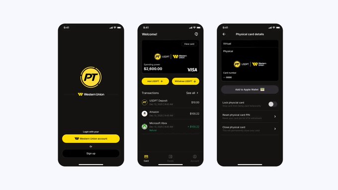 The image displays three mobile app screens for Western Union's Stablecard: a login/welcome screen featuring the PT and Western Union logos, a "View card" screen showing a Visa card with a $2,500.00 spending power balance and recent transactions (USDT Deposit, Amazon, Microsoft Xbox), and a "Physical card details" screen with options to add to Apple Wallet, lock the card, and reset the PIN—all reflecting the newly launched stablecoin-powered card service discussed in the post.
