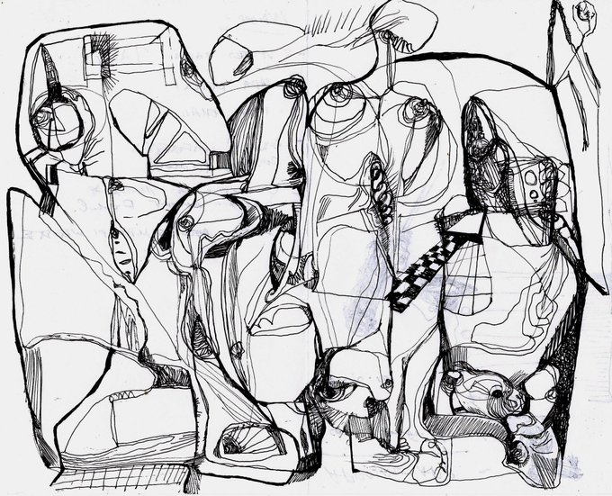 A black ink abstract sketch or doodle filled with overlapping fragmented shapes, eyes, and distorted facial features on white paper.