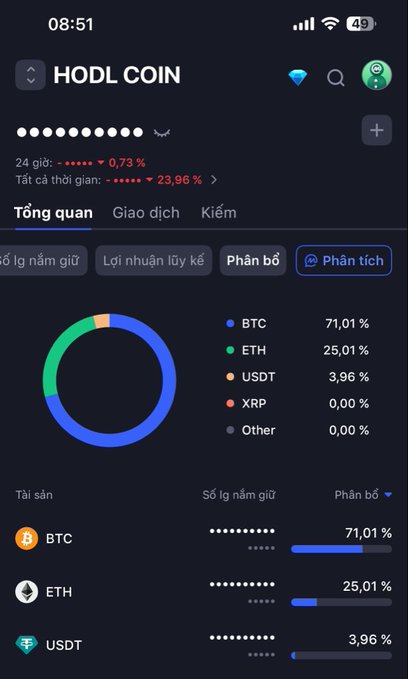 Screenshot of the 'HODL COIN' mobile app showing a portfolio breakdown with BTC (71.01%), ETH (25.01%), and USDT (3.96%).