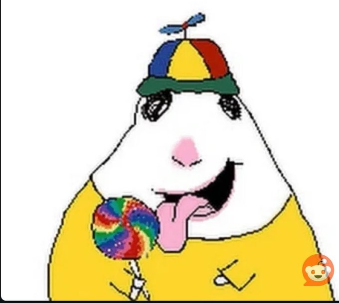 A hand-drawn cartoon illustration of a smiling white hamster or guinea pig wearing a propeller beanie and yellow shirt, licking a rainbow-colored swirly lollipop.