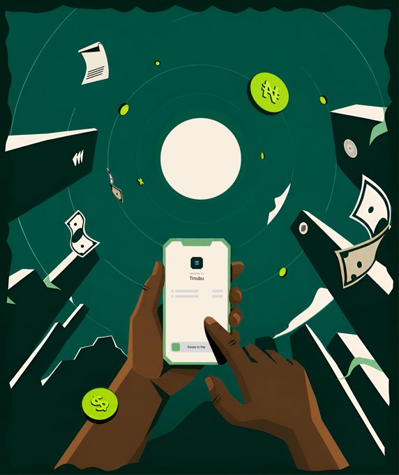 A hand holds a smartphone displaying "Tinubu" above a "Swipe to Pay" button, surrounded by greenish-tech imagery. The image symbolizes Africa's growing embrace of mobile payments and crypto-powered financial services, reflecting the post's celebration of Solana-led transaction growth across the continent's fintech ecosystem.