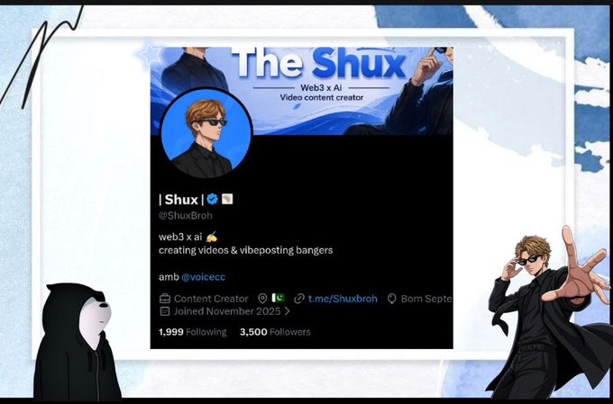 A social media profile page for 'Shux' (@Shuxbroh) displays the username 'The Shux' with the description 'web3 x ai, creating videos & vibeposting bangers,' showing 1,999 Following and 3,500 Followers.