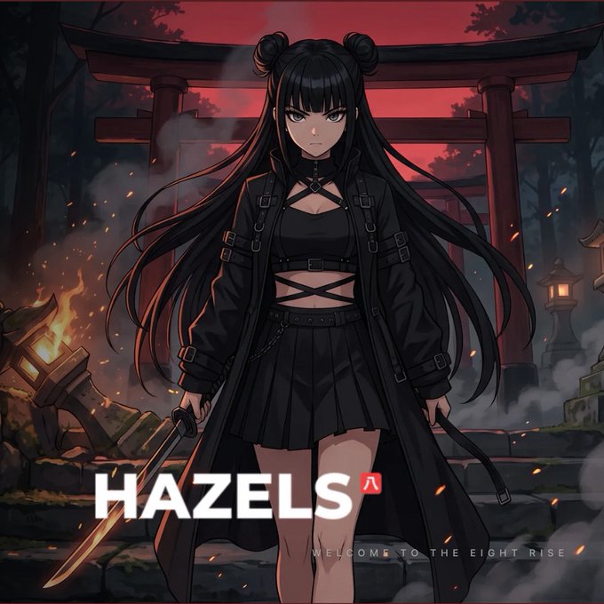 An anime-style illustration of a dark-haired character in black gothic attire holding a sword in front of a torii gate, with the text 'HAZELS' and 'WELCOME TO THE EIGHT RISE'.