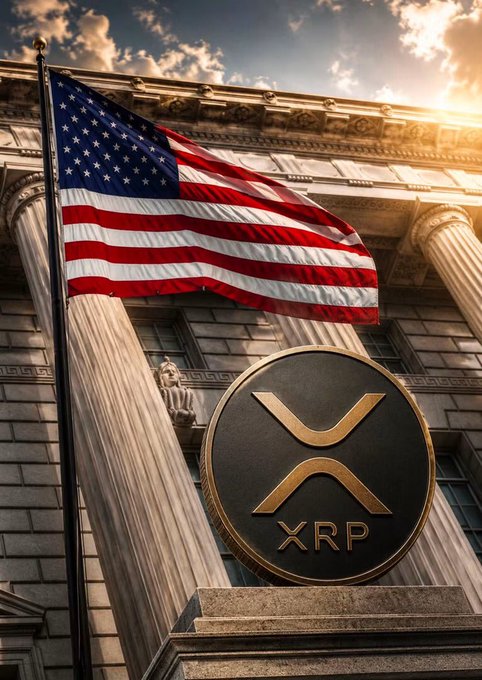 A digital illustration featuring an American flag waving in front of a classical building with columns, alongside a large golden 'XRP' cryptocurrency coin.