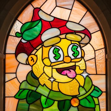 A stained glass window depicting a yellow, mushroom-capped cartoon character with dollar signs for eyes, resembling Mario but styled with a money-obsessed theme.