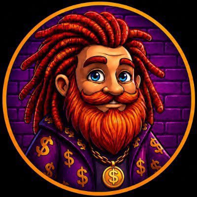 A stylized cartoon avatar of a red-haired, bearded man wearing a purple robe adorned with dollar signs and a gold "$" medallion, set against a purple brick background in a circular frame. The image visually represents the "Gn Legends" persona in the post, with the "$" motifs aligning with the bullish $STKR ticker callout.