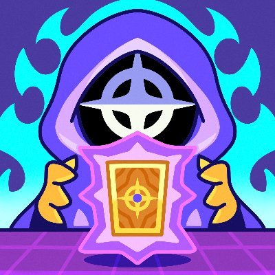 A digital illustration of a hooded, mysterious figure in purple and teal robes with glowing eyes, holding an ornate pink and gold card or tablet against a retro wave-styled background.