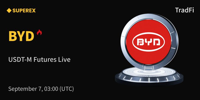 A promotional graphic from SuperEx announces the listing of BYD USDT-M Futures, featuring the SuperEx and BYD logos alongside text reading "USDT-M Futures Live" with a launch date of September 7 at 03:00 (UTC), complementing the post's announcement of BYD futures trading availability.