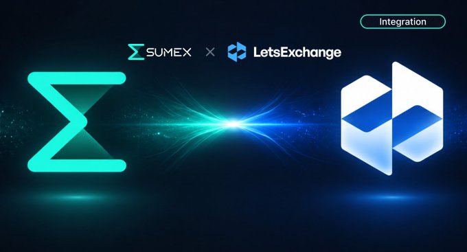 A promotional banner announcing an 'Integration' between 'SUMEX' and 'LetsExchange', featuring their logos separated by a glowing blue and green light beam on a dark background.