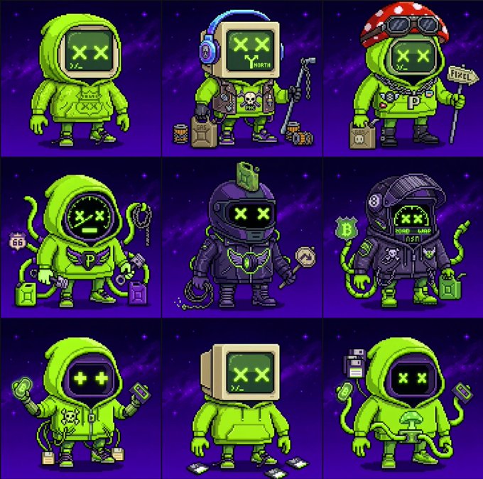 A 3x3 grid of pixel art characters featuring green hoodie figures with various accessories including a monitor head displaying "X X", headphones labeled "NORTH", a mushroom hat with "PIXEL" sign, and a figure with "POWER LAMP" text.