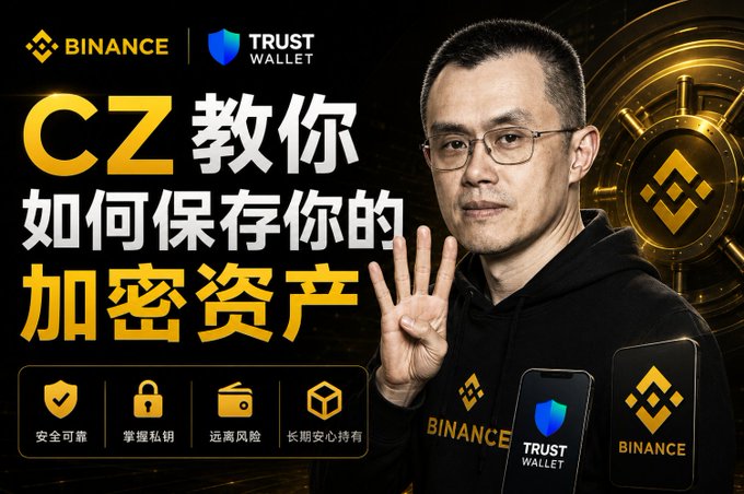 A promotional banner featuring CZ holding up four fingers, with Binance and Trust Wallet logos, and Chinese text "CZ教你如何保存你的加密资产" (CZ teaches you how to store your crypto assets), alongside icons for security features.