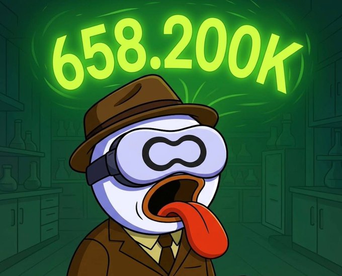 A cartoon duck wearing a detective hat and goggles with its tongue out, set against a green lab background with the text "658.200K" displayed prominently.