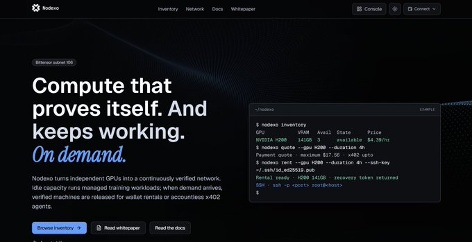 The image shows the Nodexo homepage featuring the headline "Compute that proves itself. And keeps working. On demand," with a tagline about turning independent GPUs into a continuously verified network, alongside a terminal snippet displaying rental pricing for services like "NVIDIA H100" GPU at $7.50/hr and "NVIDIA H200" GPU at $4.39/hr. The visual supports the post by illustrating Nodexo's compute infrastructure—including H100/H200 GPUs at competitive hourly rates—that Alpha holders can access through token-based rentals.