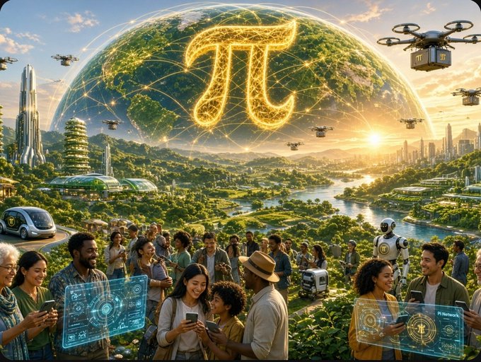 A vibrant, futuristic cityscape filled with diverse people using glowing digital devices, drones, and robots, centered around a large golden Pi (π) symbol, with a "Pi Network" interface visible on a device in the foreground, symbolizing a decentralized, AI-driven future for the Pi Network where the protocol evolves organically through community governance rather than mandatory upgrades.
