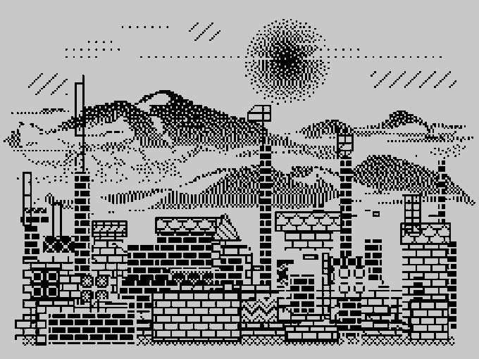 A pixel-art style black and white illustration of a castle with mountains and a moon in the background.