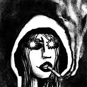 A high-contrast black and white illustration of a hooded woman wearing star-shaped sunglasses and smoking a cigarette, rendered in a stylized stencil-like art style.
