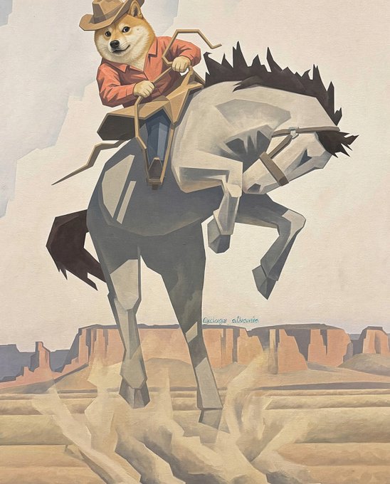 A watercolor painting of a Shiba Inu dog dressed as a cowboy in a red shirt and hat, riding a stylized geometric white horse across a desert landscape with mesas.