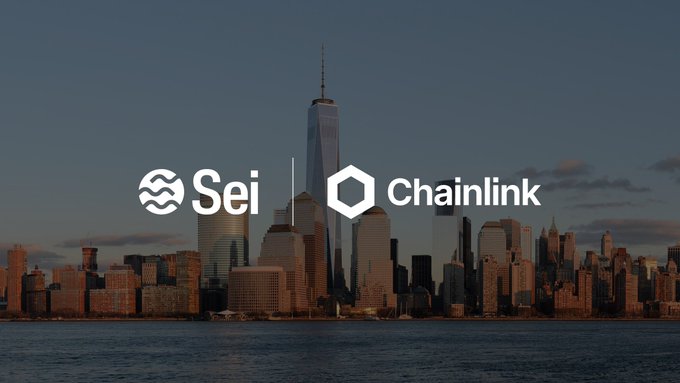 A panoramic view of the New York City skyline at dusk, prominently featuring the logos of "Sei" and "Chainlink" overlaid in the center of the image. The juxtaposition of the financial capital's skyline with the blockchain branding visually reinforces the announcement of Chainlink Data Streams' one-year milestone providing institutional-grade oracle infrastructure on Sei.