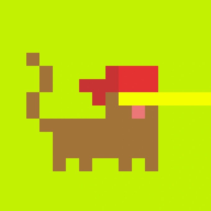 A pixel art illustration of a brown creature with a red hat and yellow beak stands against a bright green background.