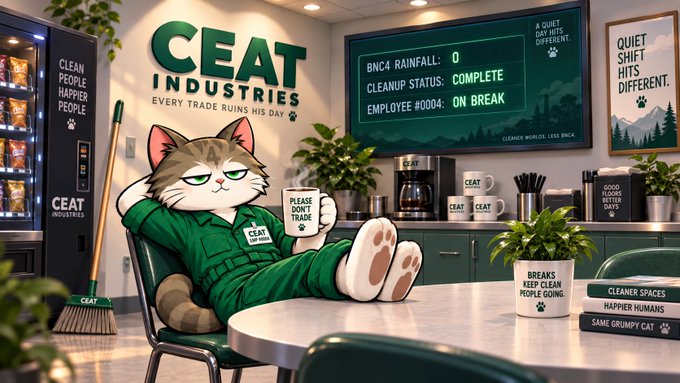 A relaxed anthropomorphic cat wearing a green CEAT Industries uniform lounges with its feet up in a break room, holding a "PLEASE DON'T TOUCH" sign, while a status board shows "BNC4 RAINFALL: 0," "CLEANUP STATUS: COMPLETE," and "EMPLOYEE #0004: ON BREAK," surrounded by CEAT-branded merchandise and signage promoting clean people, quiet shifts, and good floors for good days—perfectly illustrating the peaceful, shift-free moment the post celebrates.