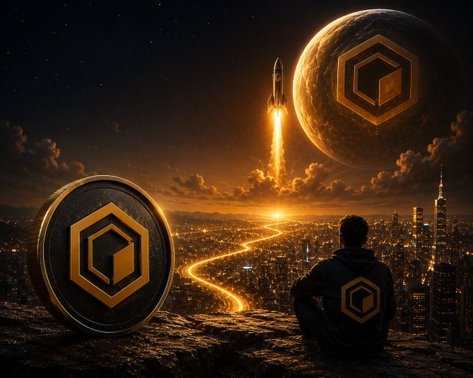 A digital artwork shows a person overlooking a glowing cityscape while a rocket launches toward a hexagonal-coin planet and a matching coin rests in the foreground.