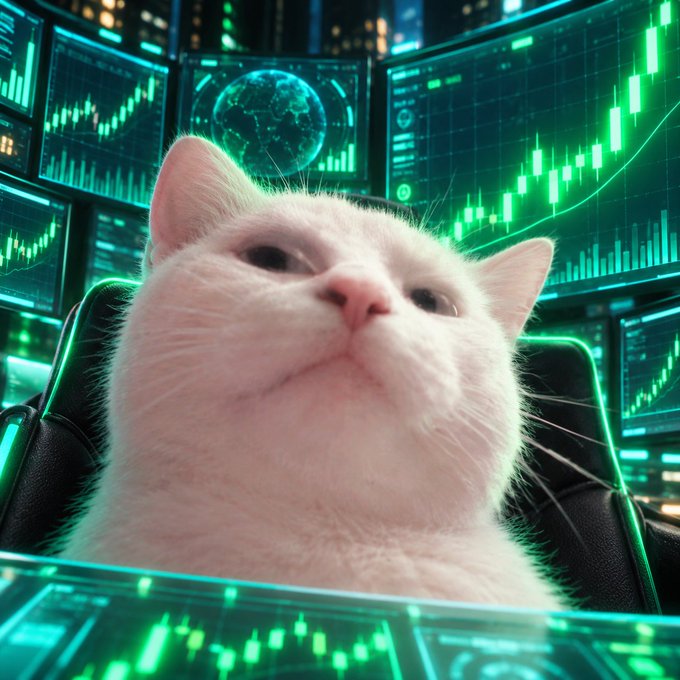 A white cat sitting in front of multiple glowing green financial trading screens displaying stock charts and candlestick patterns.