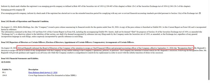 The image shows an SEC 8-K filing excerpt for BitGo Holdings, Inc. regarding leadership changes and Q2 financial results disclosure, confirming CFO Edward Reginelli's planned departure effective September 15, 2026.