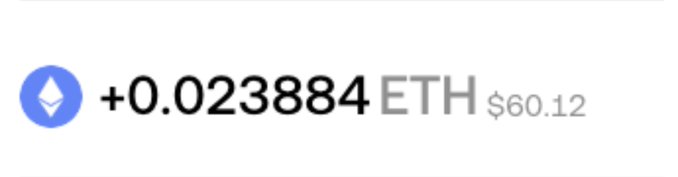 The image shows a small Ethereum (ETH) transaction receipt displaying "+0.023884 ETH" received, valued at $60.12, indicated by the ETH diamond logo. This relates to the post by showing a modest ETH earnings amount, possibly suggesting a small payout or transaction value relevant to the launchpad strategy advice about wallet history and transactions on Ethereum.