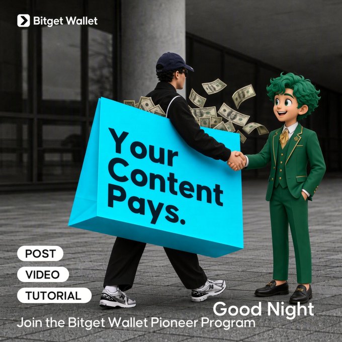 A Bitget Wallet advertisement shows a person in a blue "Your Content Pays" box shaking hands with a green-haired cartoon character, with dollar bills flying between them.