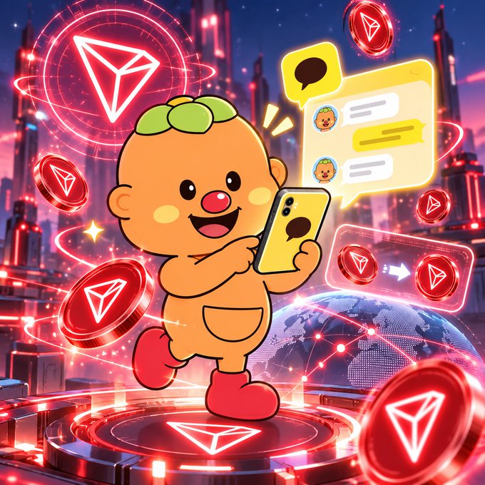 A cartoon baby with green hair runs with a smartphone showing a messaging app, surrounded by floating red Tron (TRX) cryptocurrency coins and a futuristic city backdrop.