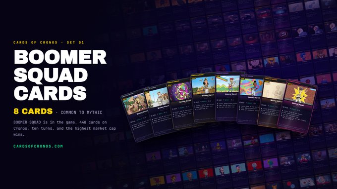A promotional image for 'CARDS OF CRONOS - SET 01' titled 'BOOMER SQUAD CARDS', advertising 8 cards ranging from Common to Mythic, featuring characters in a card game format.
