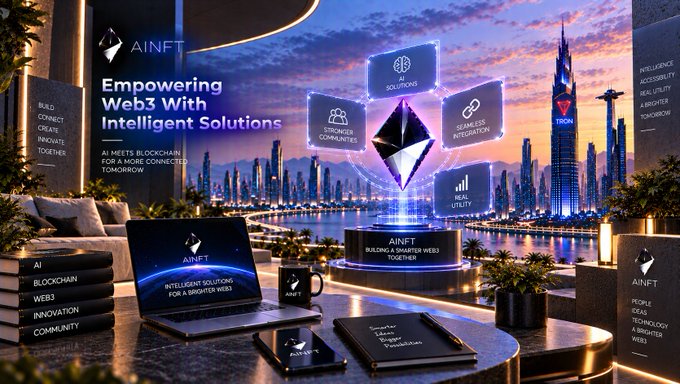 A promotional digital display for 'AINFT' with the tagline 'Empowering Web3 With Intelligent Solutions' and 'AI MEETS BLOCKCHAIN FOR A MORE CONNECTED TOMORROW', showing an Ethereum logo surrounded by feature icons over a futuristic city skyline.