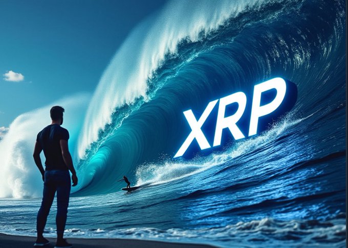 A dramatic image showing a massive ocean wave with the text "XRP" prominently displayed on it, while a person on the shore watches and a surfer rides the wave.