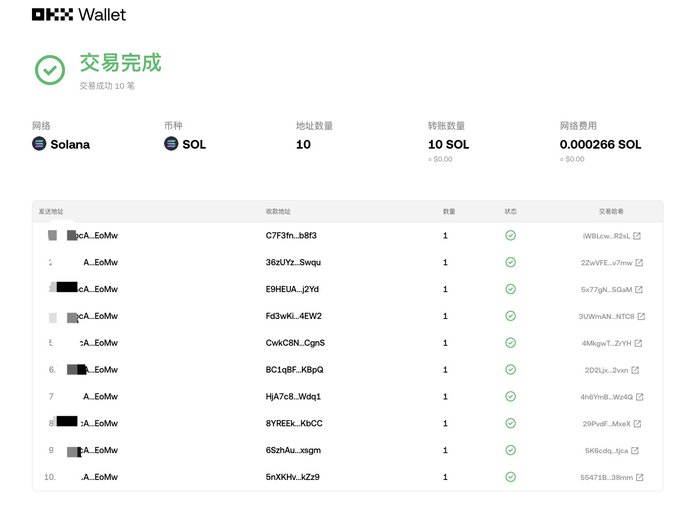OKX Wallet transaction confirmation showing a completed transfer of 10 SOL on the Solana network to 10 different addresses, with a network fee of 0.000266 SOL.
