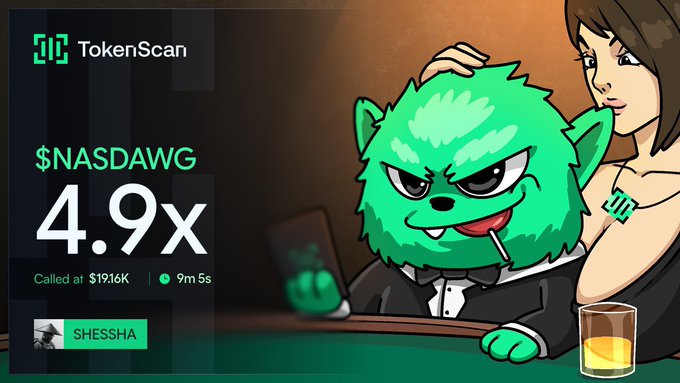 A TokenScan graphic displays the token ticker '$NASDAWG' with a '4.9x' gain, 'Called at $19.16K', alongside a green cartoon dog character in a tuxedo smoking a cigar.