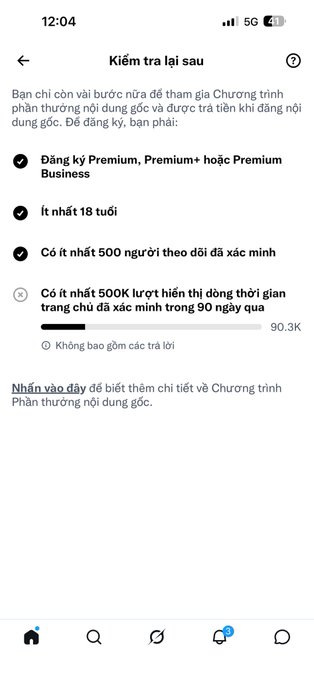 A Vietnamese-language mobile app screen titled 'Kiểm tra lại sau' showing eligibility requirements with checkmarks and a progress bar for a monetization program.