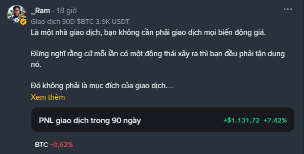 A social media post by user '_Ram' in Vietnamese discussing a $BTC 3.9K USDT trade, showing a 90-day PNL of +$1,131.72 (+7.42%) with BTC down -0.62%.