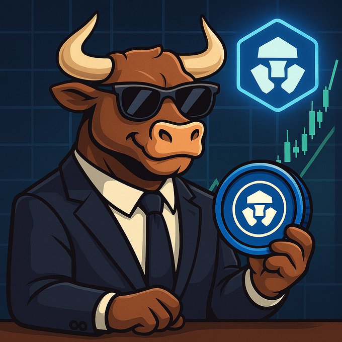 A cartoon illustration of a bull wearing sunglasses and a business suit holding a crypto coin, with a glowing crypto logo and a rising stock chart in the background.