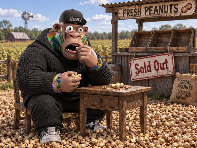 A wide-eyed ape wearing a "GEEZ" cap and a black hoodie sits at a small wooden table, devouring peanuts on a farm scattered with shells. Behind him, a stand displays "FRESH PEANUTS" with a "Sold Out" sign and a sack labeled "LOCAL PEANUTS," matching the post's playful "Feed Me!" plea from @GeezOnApe.