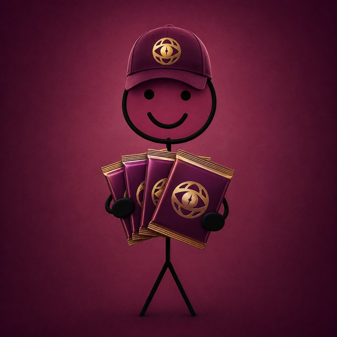 A cheerful purple stick figure named Ben wears a cap and holds several Watch Fun packs adorned with gold logos, visually reinforcing the post's message that Ben exclusively opens Watch Fun packs on Solana using USDC, with his proud display of multiple packs suggesting that sticking with this one choice leads to abundance.