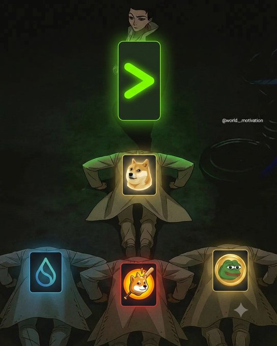 An anime-style motivational graphic shows a central figure with a Doge meme icon, flanked by figures with meme coin logos (SUI, Shiba Inu, Pepe), all watching a figure at the top displaying a green right-arrow symbol, credited to '@world_motivation'.