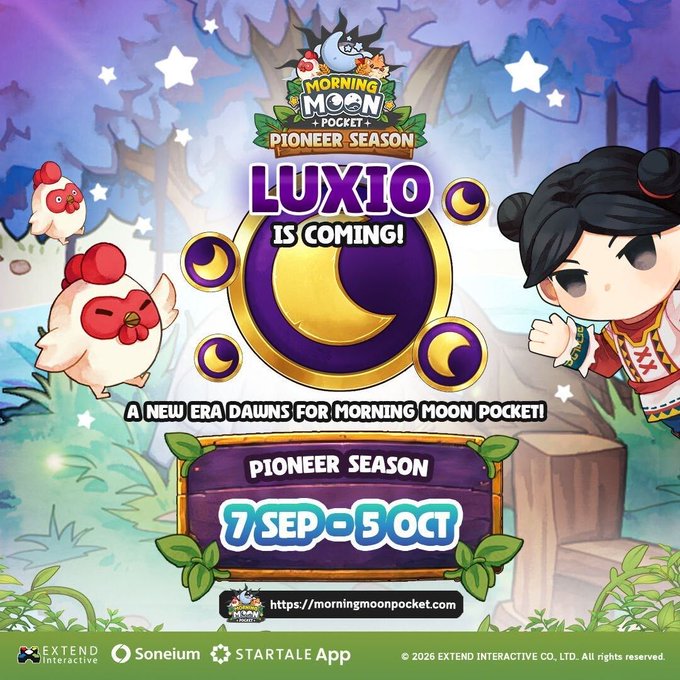 A colorful promotional poster for Morning Moon Pocket announces "LUXIO IS COMING!" with its Pioneer Season running from September 7 to October 5, featuring chibi characters and the project's website (morningmoonpocket.com), aligning with the post about Soneium's gaming IP ecosystem launching LUXIO this fall.