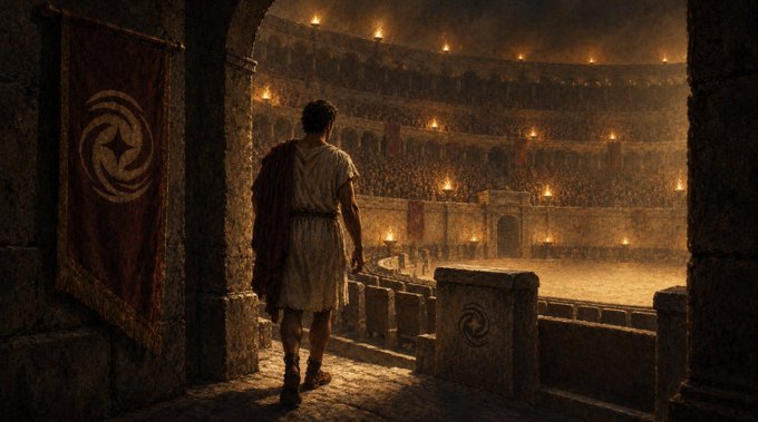 A cinematic scene depicting a man in a white tunic and red cloak standing in an archway overlooking a large, fire-lit Roman-style colosseum.