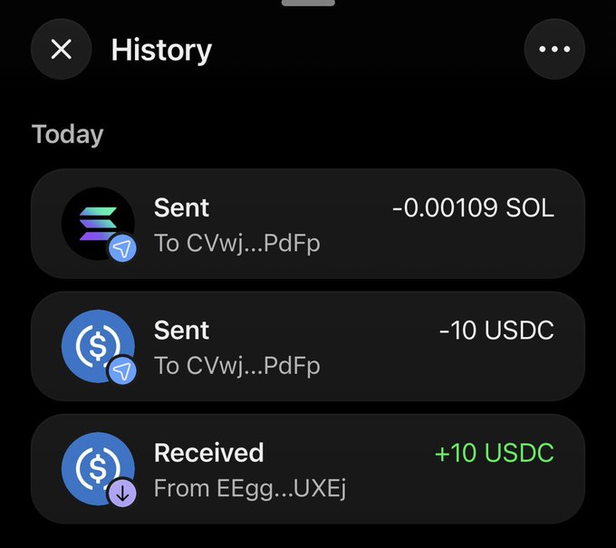 A crypto wallet transaction history showing a receipt of +10 USDC followed by two outgoing transactions of -0.00109 SOL and -10 USDC, illustrating how the $10 payment was quickly stolen by a compromised wallet shortly after being received.
