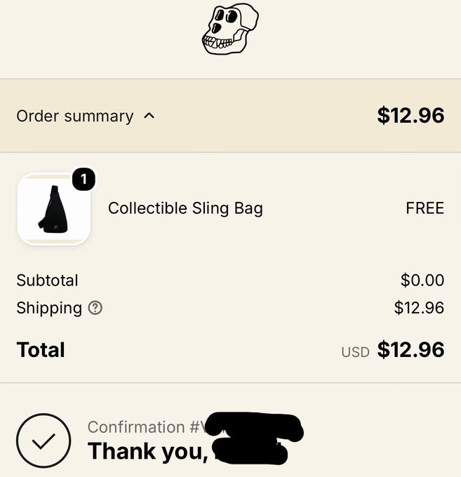 An order confirmation screen for a 'Collectible Sling Bag' listed as FREE, with a total of USD $12.96 for shipping, ending with 'Thank you,' text.