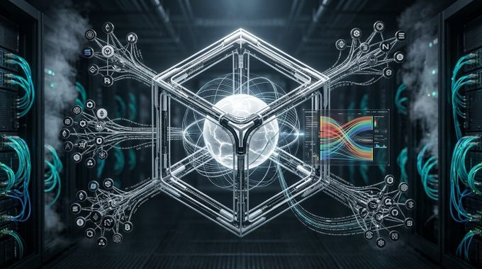 A futuristic digital illustration featuring a glowing hexagonal framework with a bright sphere at its center, surrounded by interconnected nodes, data graphs, and swirling cyan energy streams in a server-room-like environment.